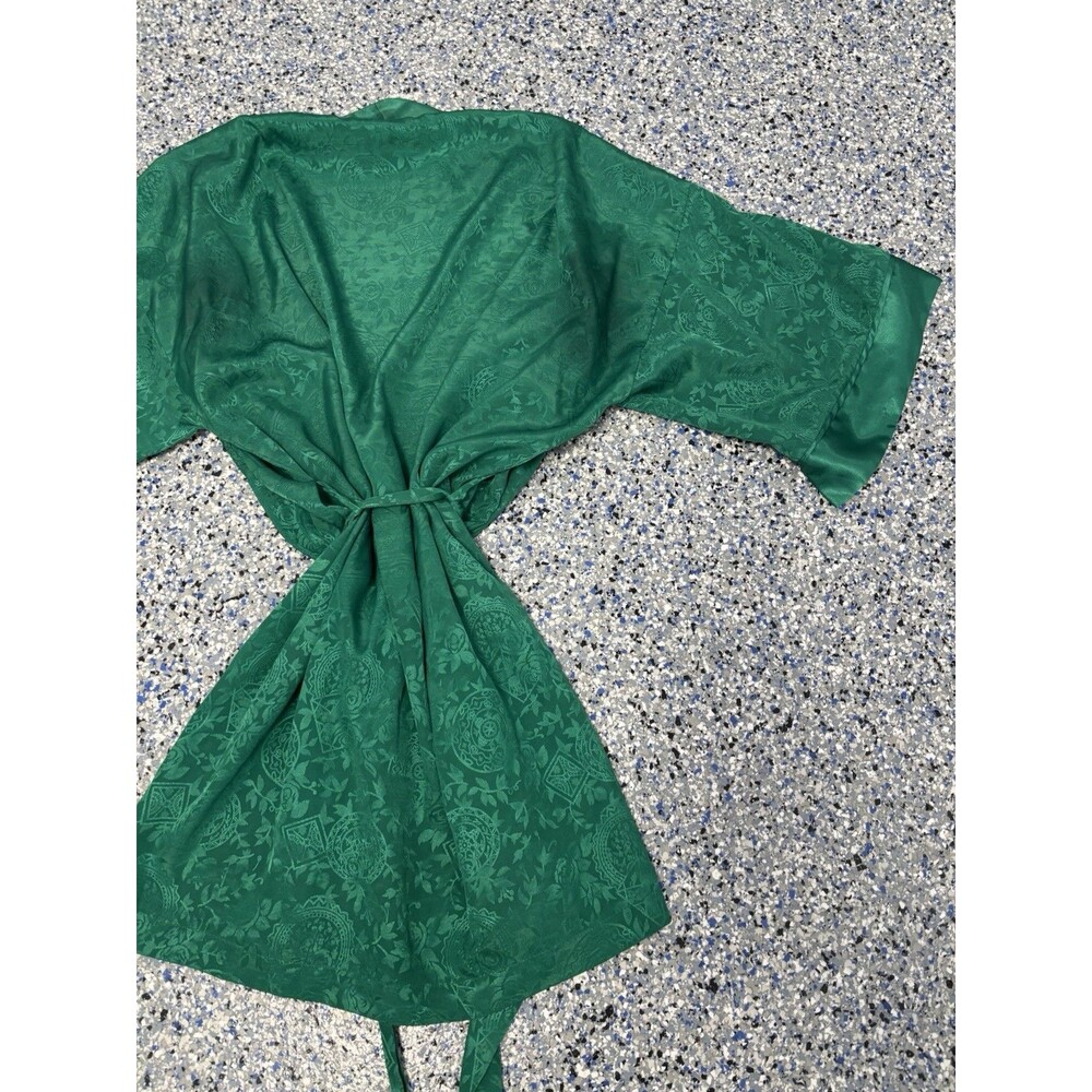 Vintage 90s Victoria's Secret Satin Kimono Womens Robe OS Green Jacquard Paisley - Picture 4 of 8